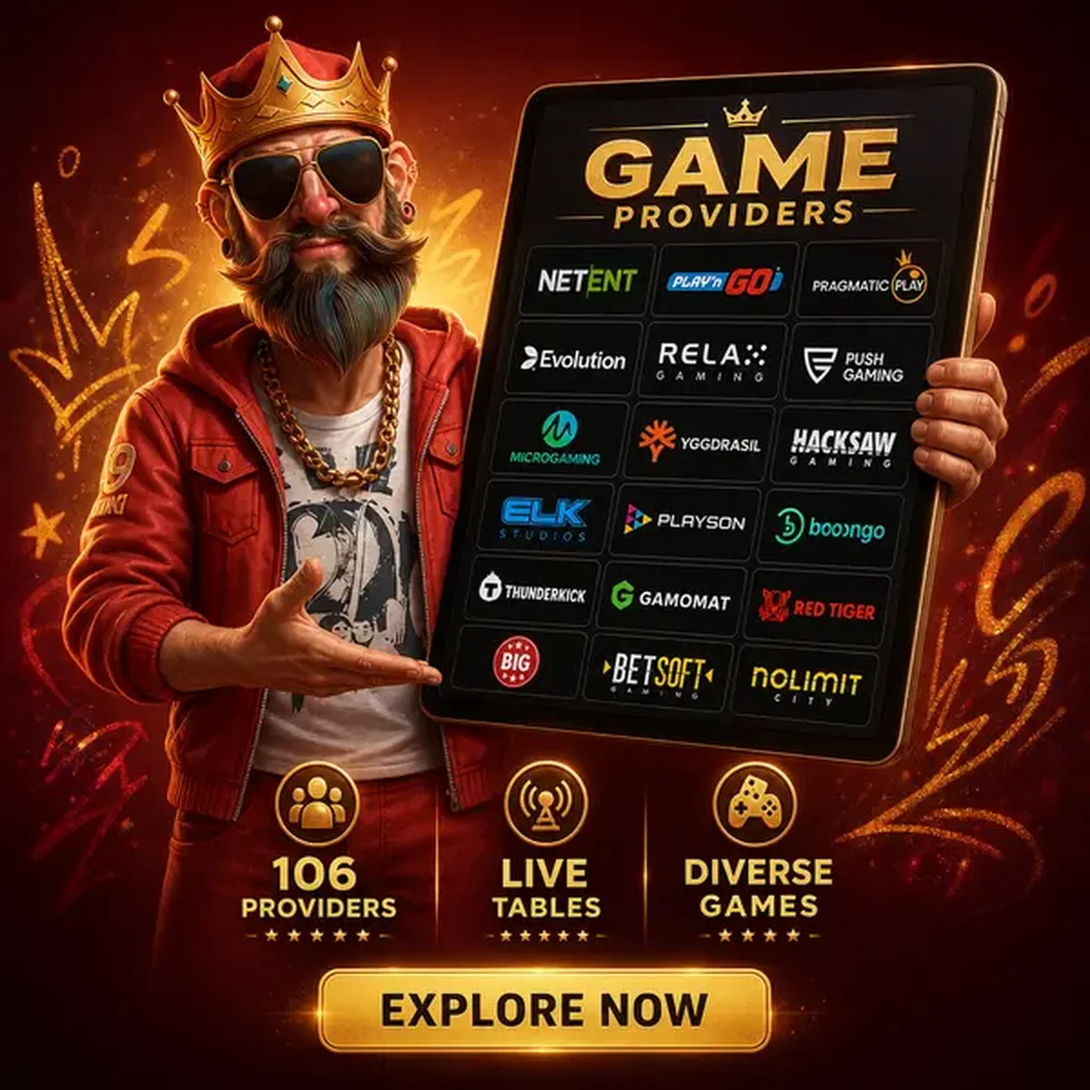 Regal figure presenting game providers collection at Coolzino Casino digital courtyard