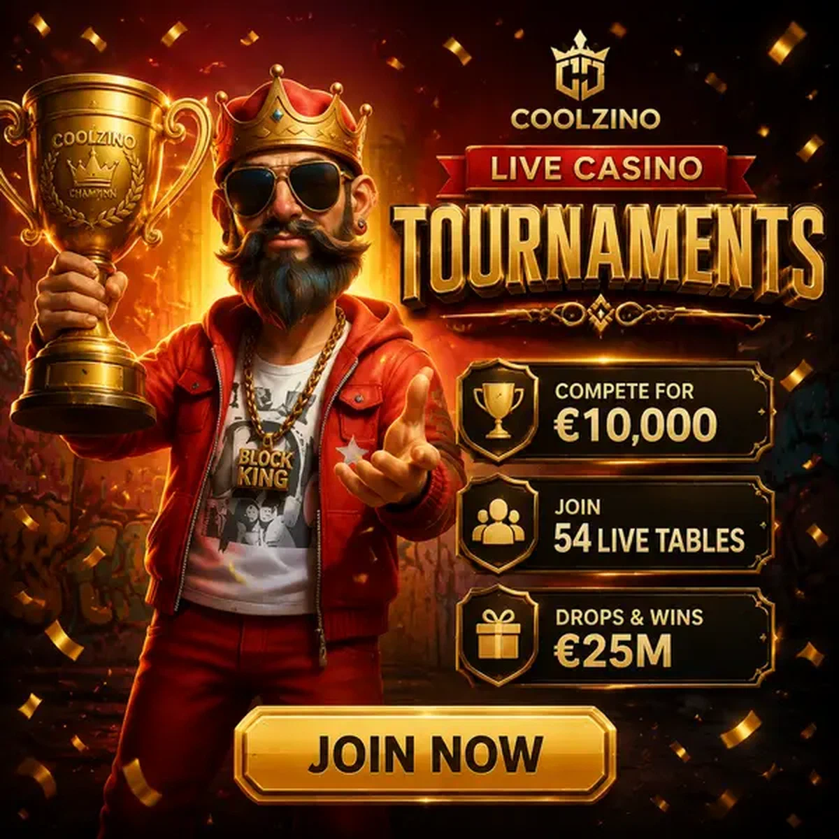 The Block King holding golden trophy at Coolzino live casino tournaments
