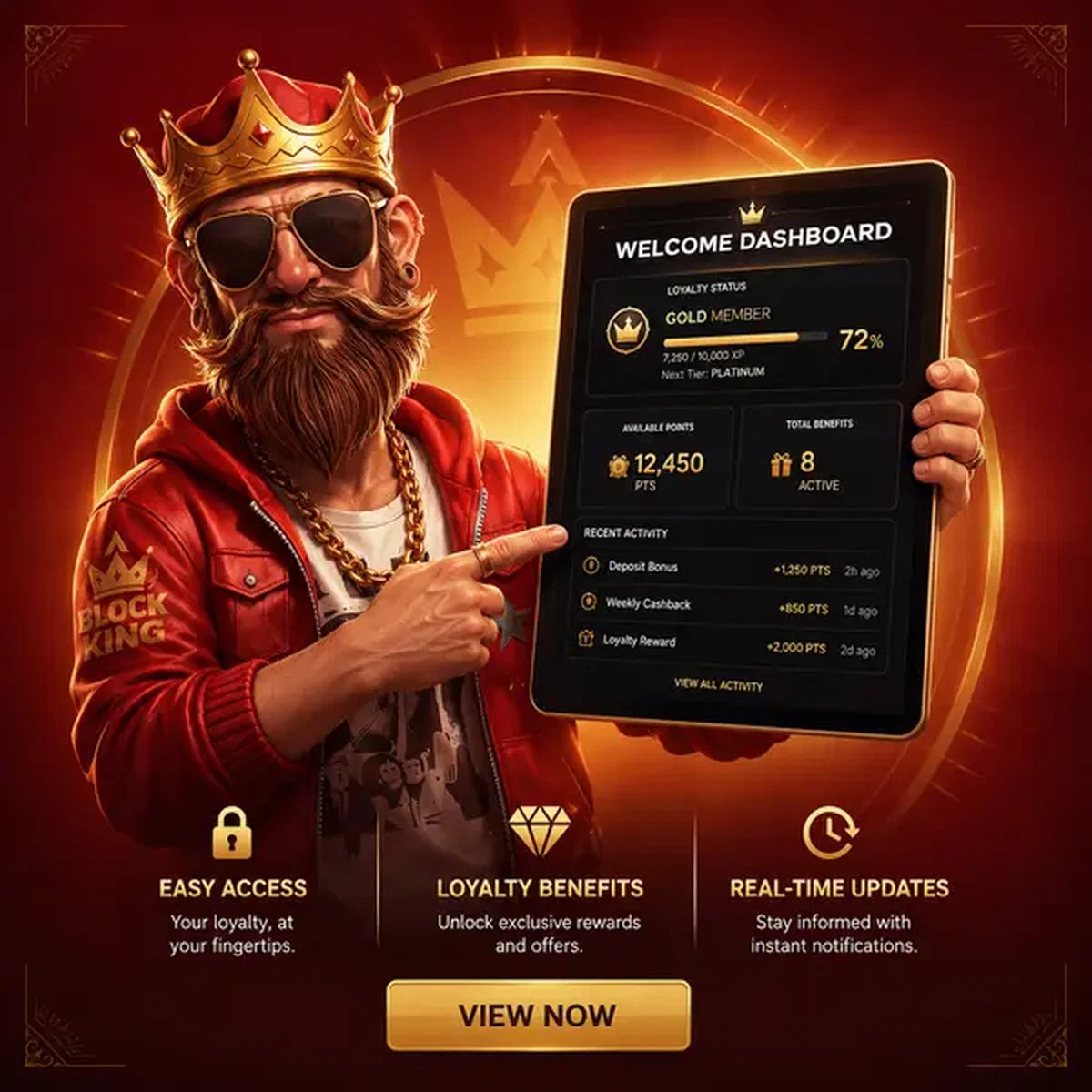 The Block King presents loyalty dashboard on tablet at Dashboard Welcome - What Awaits Your Return login portal