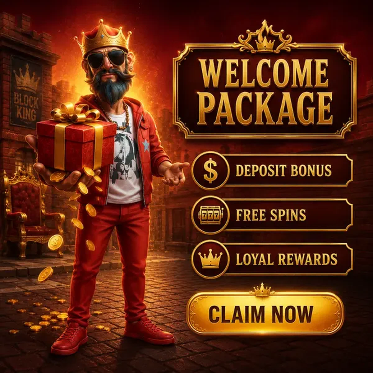 The Block King presents welcome bonus gift at Coolzino with golden coins spilling