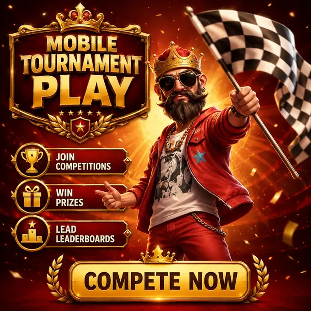 The Block King spinning checkered flag at Mobile Tournament Play mobile app victory celebration