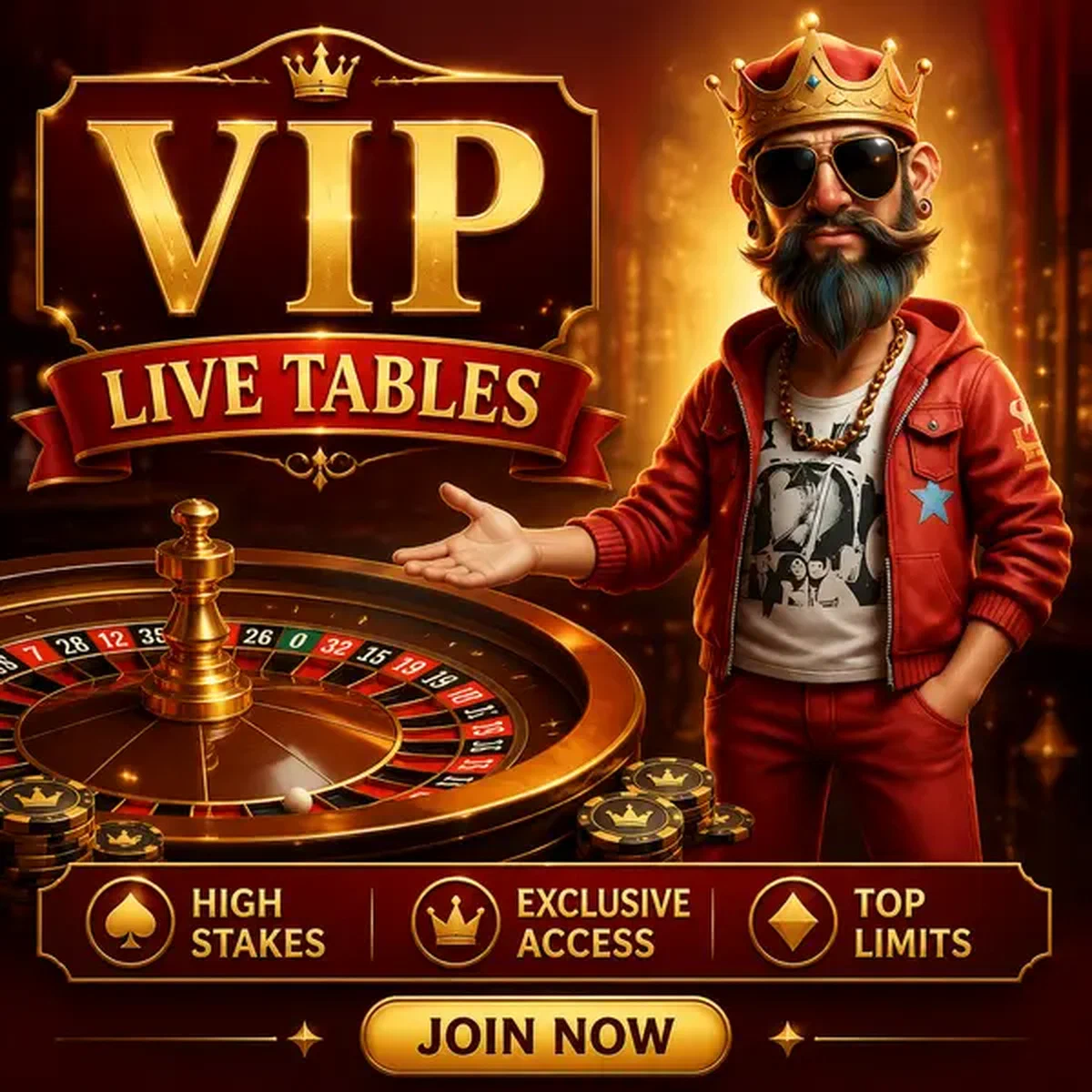 Block King gesturing toward VIP live tables in luxurious casino setting
