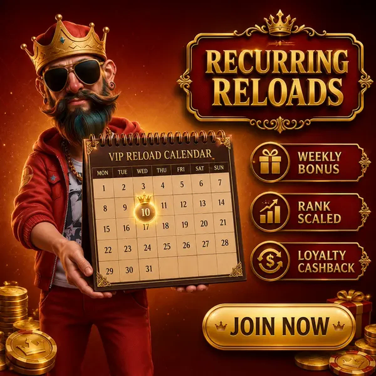 Block King presenting weekly reload calendar at Weekly and monthly reload calendar Casino signup